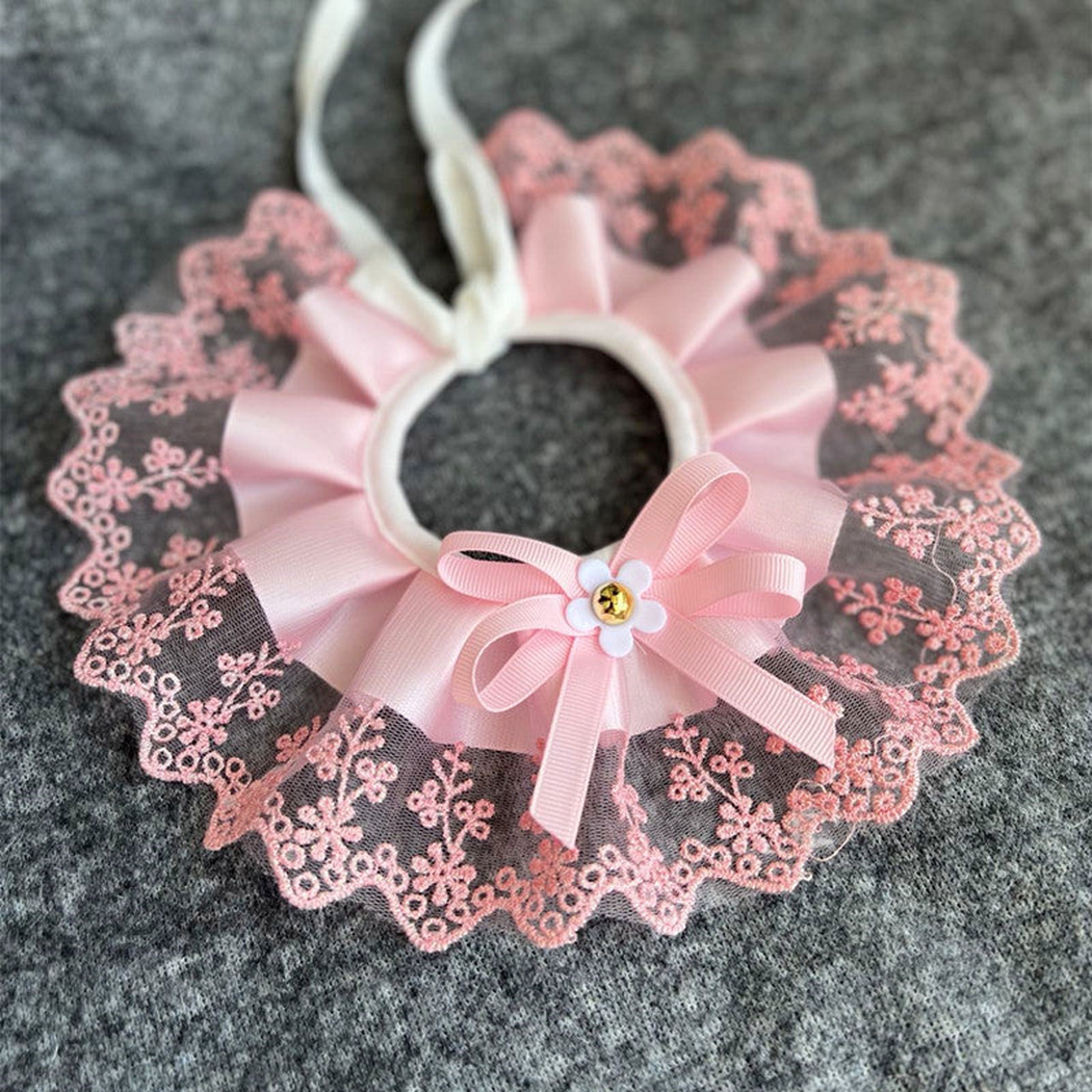 Light Pink ruffled pet neckwear with a floral lace-look edge and bow
