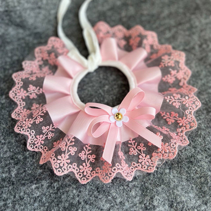 Light Pink ruffled pet neckwear with a floral lace-look edge and bow