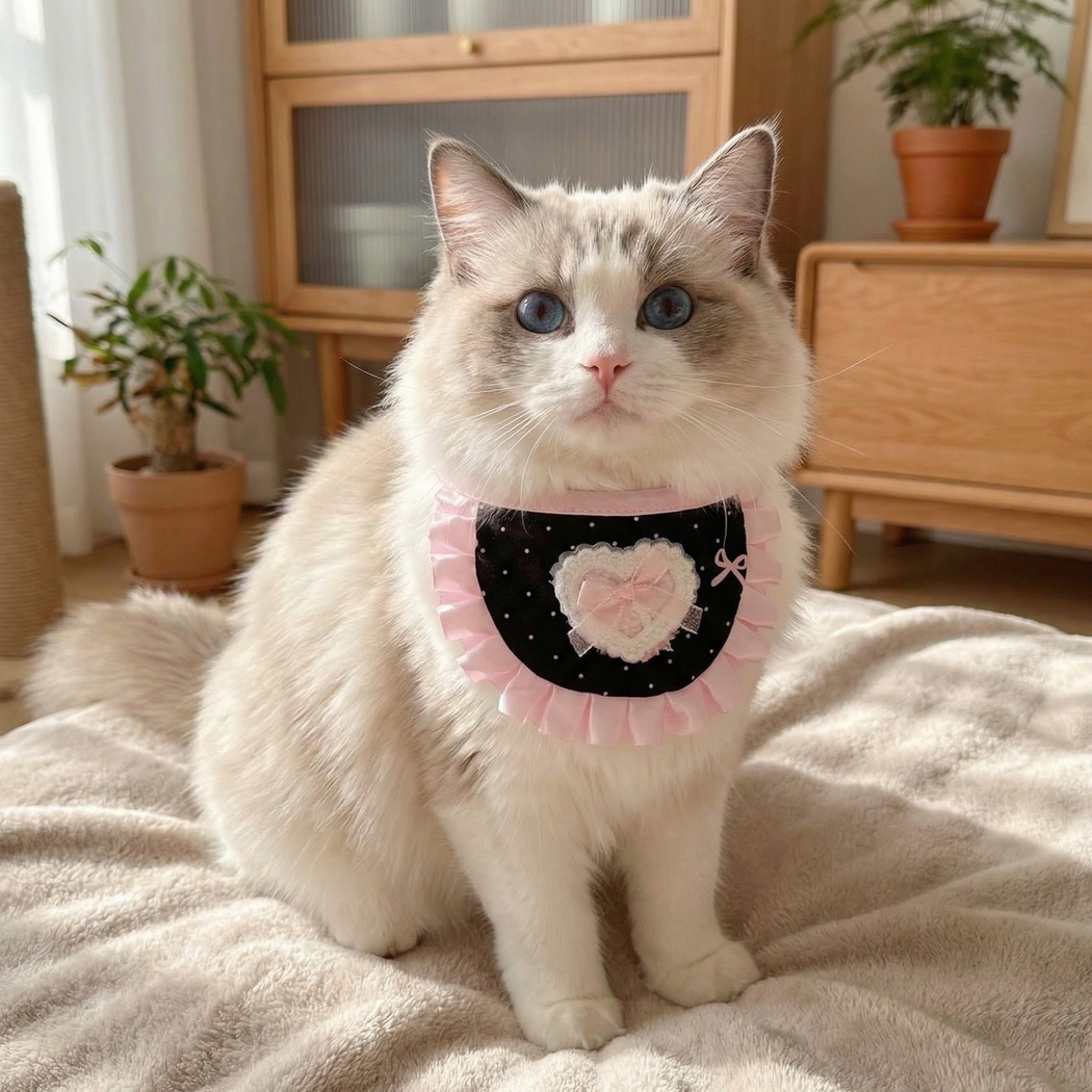 Black Base cat neckwear with pink ruffle and heart bow, worn by a white cat indoors