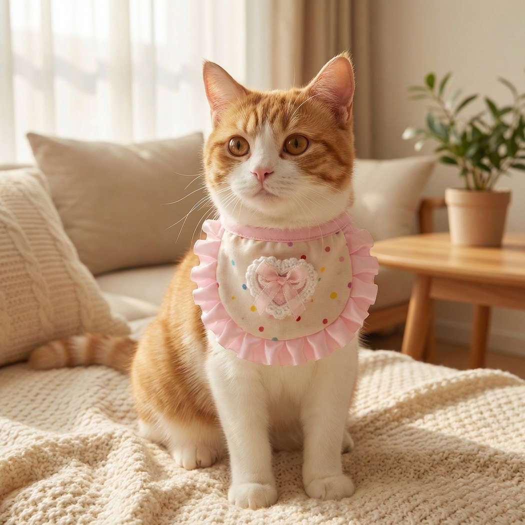 Polka Dots cat neckwear with pink ruffle, colorful dots and heart bow, worn by an orange-and-white cat indoors