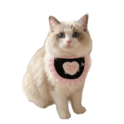 Black Base cat neckwear with pink ruffle and heart bow, front view