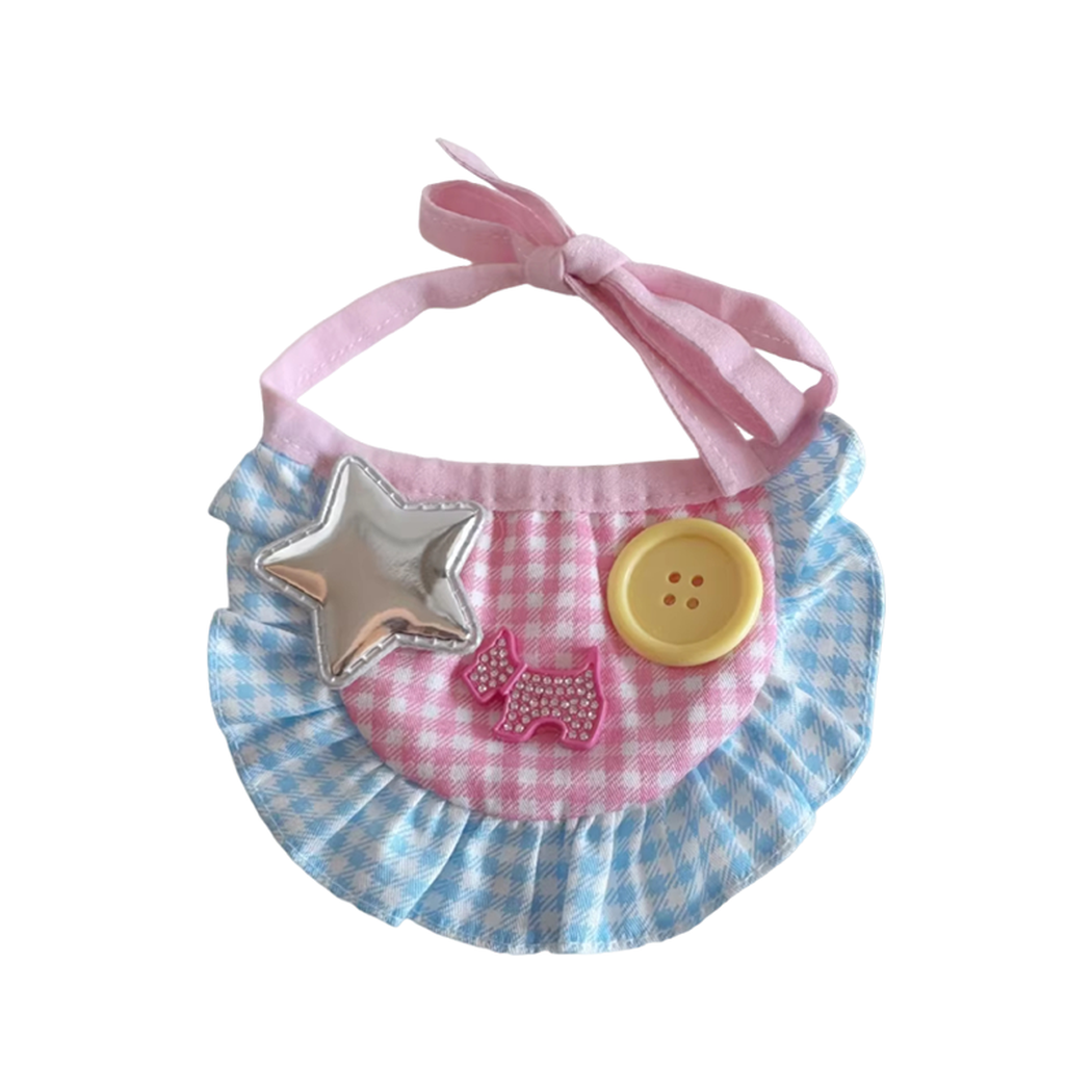 Stars style pink and blue gingham pet neckwear with silver-tone star and yellow button