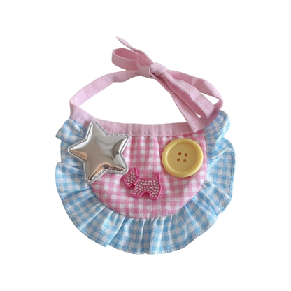 Stars style pink and blue gingham pet neckwear with silver-tone star and yellow button