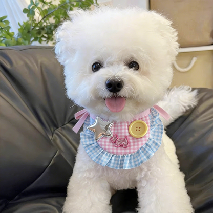 White dog wearing Stars style pink and blue gingham pet neckwear