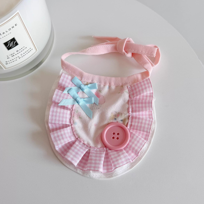 Butterfly style pink gingham pet neckwear with blue bows and pink button