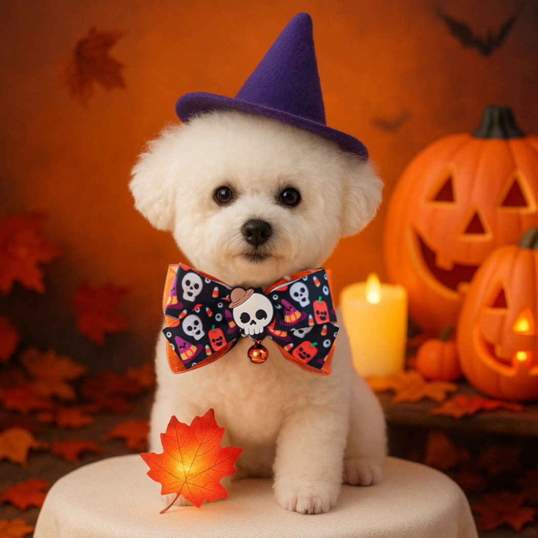 Hooded Skull pet neckwear bow worn by a white dog in a pumpkin display