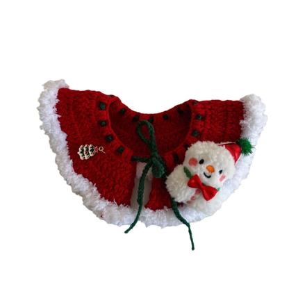 Red pet neckwear with snowman appliqué, white trim and green tie cords
