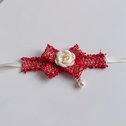 Red bow pet neckwear with ivory rose and dangling pearl-look drop