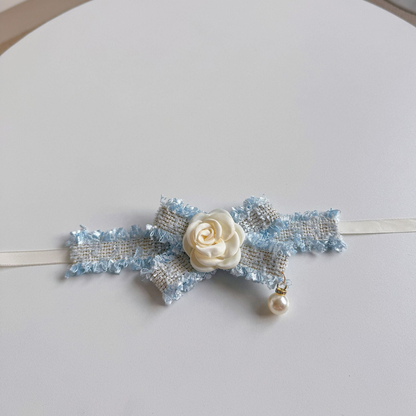 Light Blue bow pet neckwear with ivory rose and dangling pearl-look drop