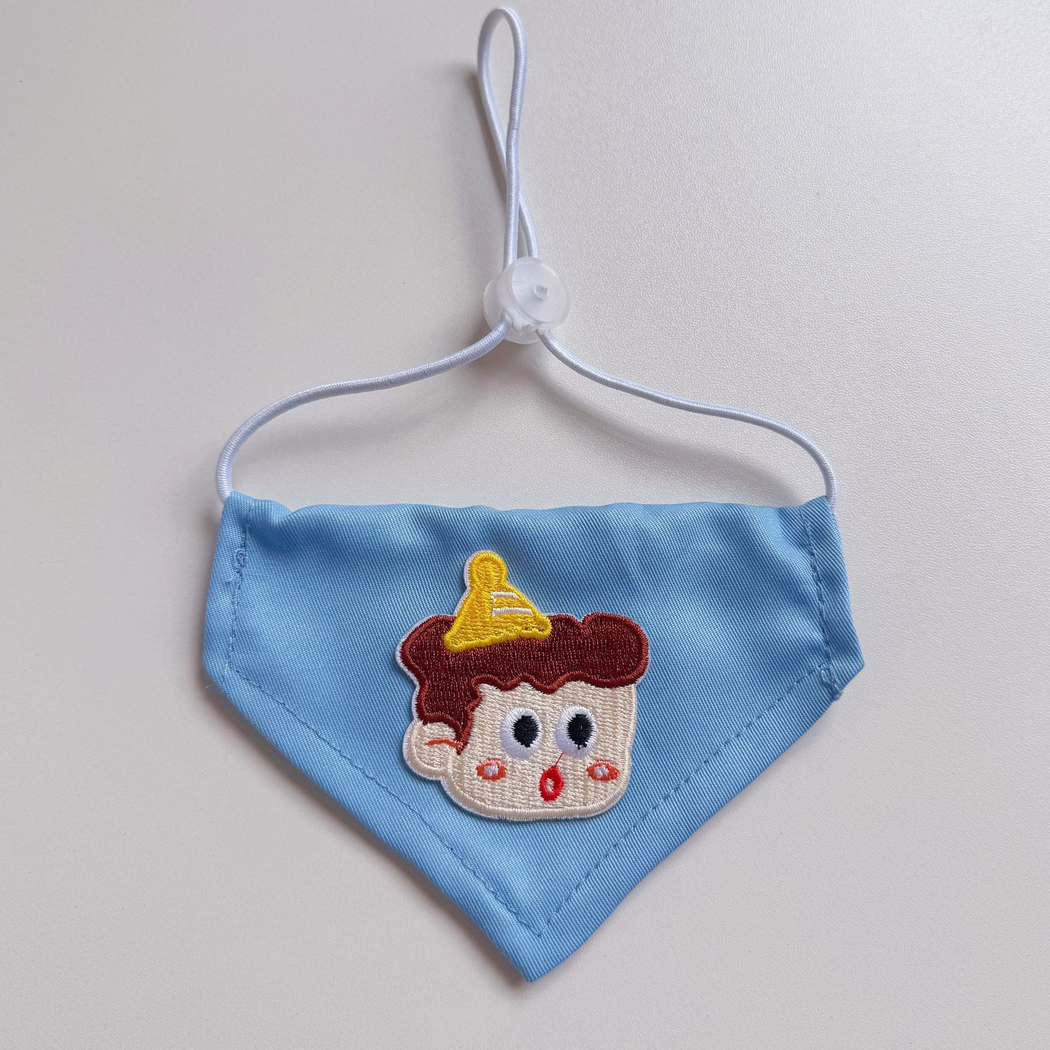 Boy pet neckwear with cartoon face appliqué and adjustable cord loop