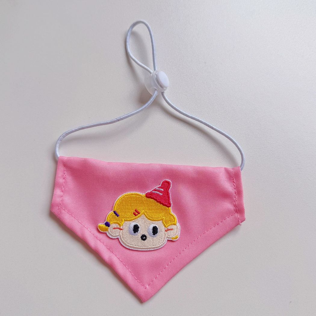 Girl pet neckwear with blonde cartoon face appliqué and adjustable cord loop