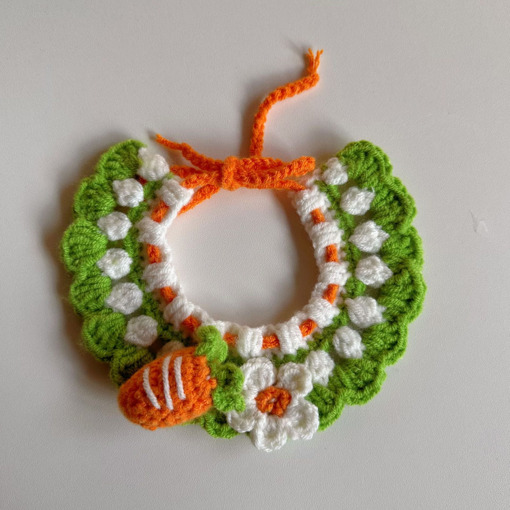 Carrot pet neckwear with scalloped green edge, flower and raised carrot accents