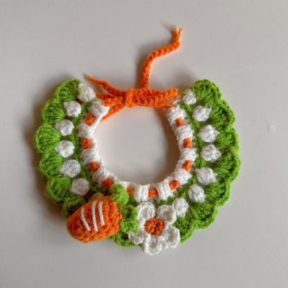 Carrot pet neckwear with scalloped green edge, flower and raised carrot accents