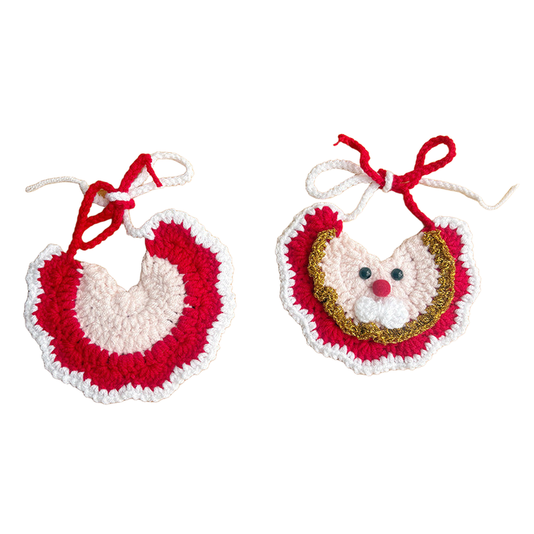 Front and back views of red Santa-face bib-style pet neckwear
