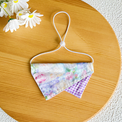Purple floral pet neckwear with gingham accent and adjustable cord loop