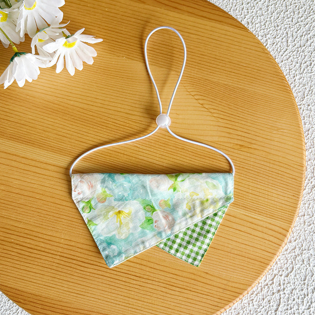 Green floral pet neckwear with gingham accent and adjustable cord loop
