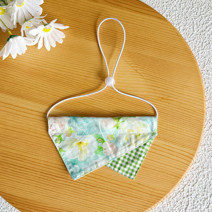 Green floral pet neckwear with gingham accent and adjustable cord loop