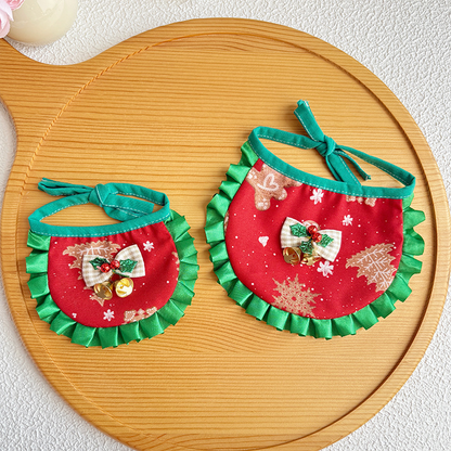 Two sizes of Gingerbread pet neckwear with red printed bibs and green ruffled trim