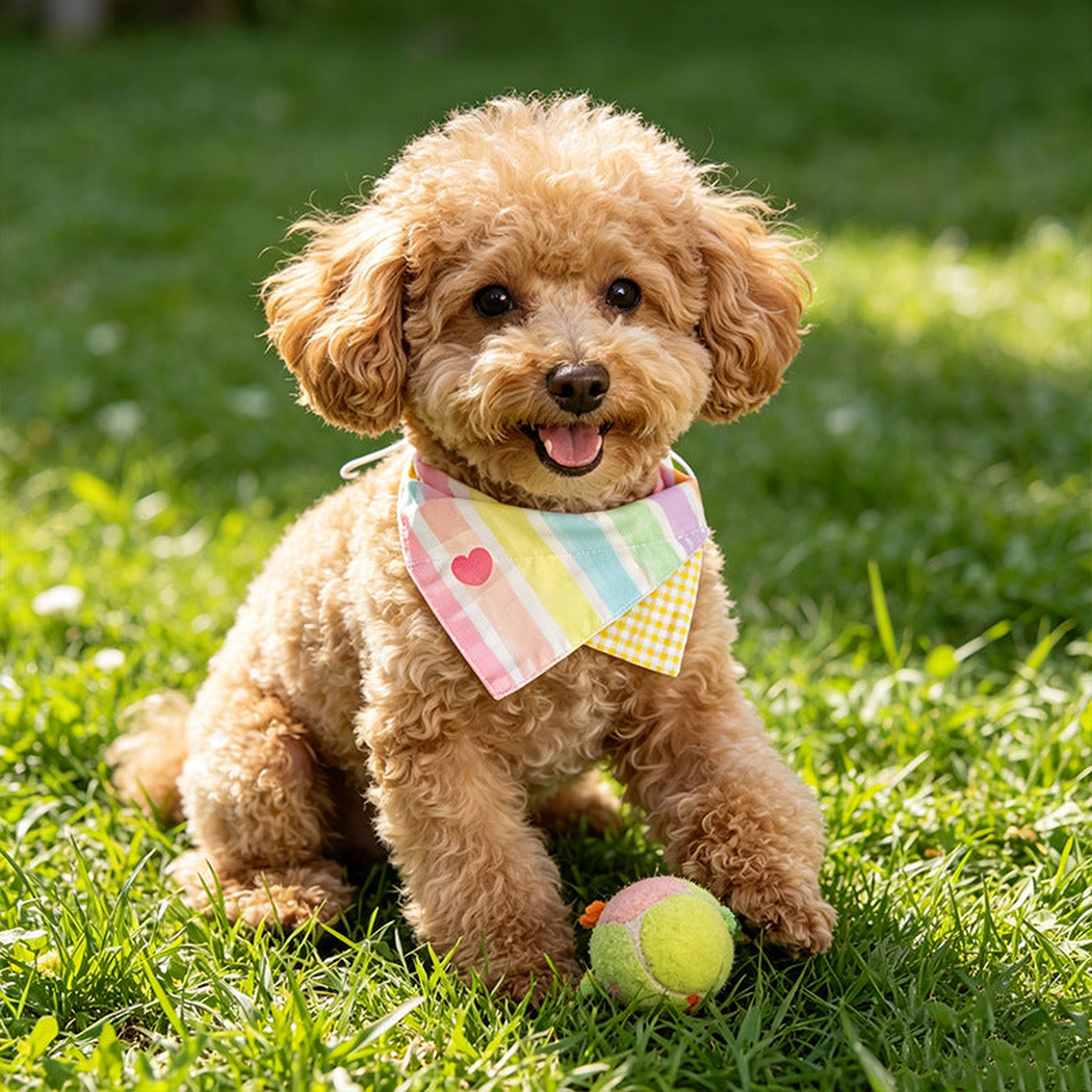 Pastel Heart pet neckwear worn by a curly-haired dog outdoors