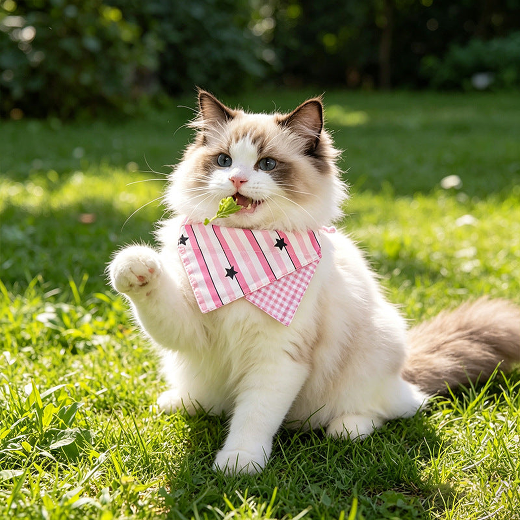 Striped Stars pet neckwear worn by a fluffy cat outdoors