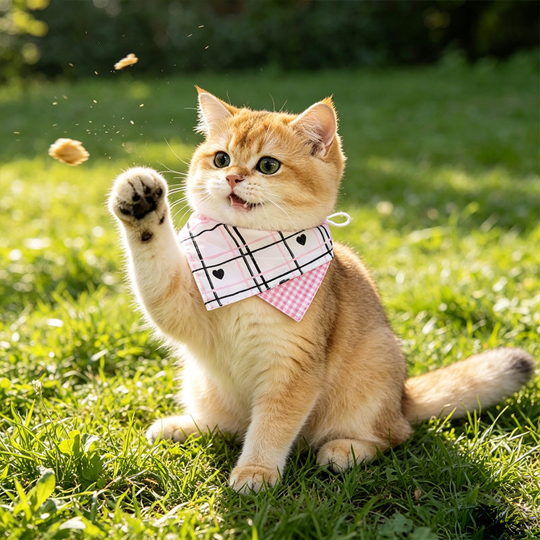 Plaid Hearts pet neckwear worn by a golden cat outdoors