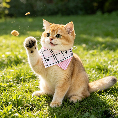 Plaid Hearts pet neckwear worn by a golden cat outdoors