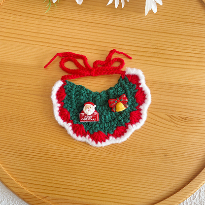 Santa style green pet neckwear with red and white trim, Santa and bell accents