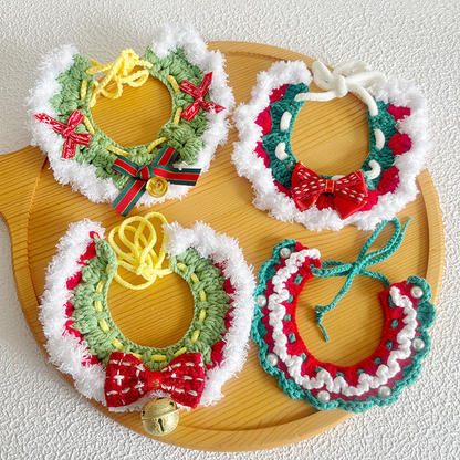 Four multicolor pet neckwear styles with bows, fluffy trim, bells, and pearl-look accents