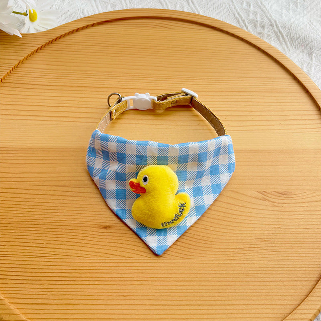 Yellow Duck style blue checked pet neckwear with plush appliqué, front view