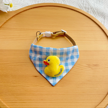 Yellow Duck style blue checked pet neckwear with plush appliqué, front view