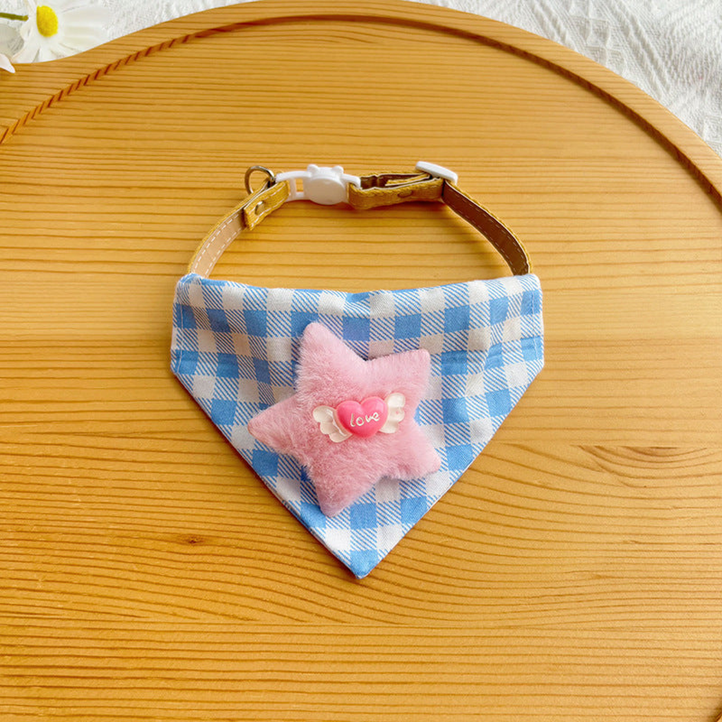 Star style blue checked pet neckwear with pink plush appliqué, front view