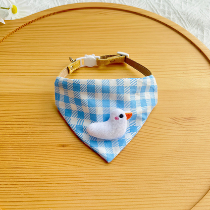 White Duck style blue checked pet neckwear with white plush appliqué, front view