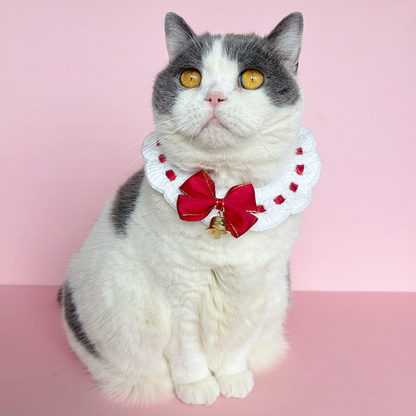 White pet neckwear with red bow and bell worn by a gray and white cat