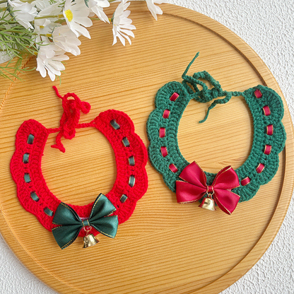 Green and red pet neckwear styles with contrasting bows and bells