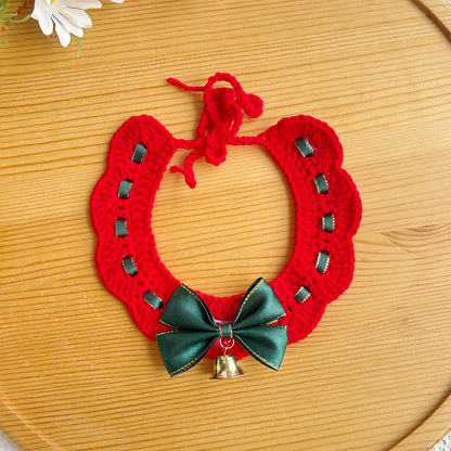 Red Green pet neckwear with threaded ribbon, front bow and bell
