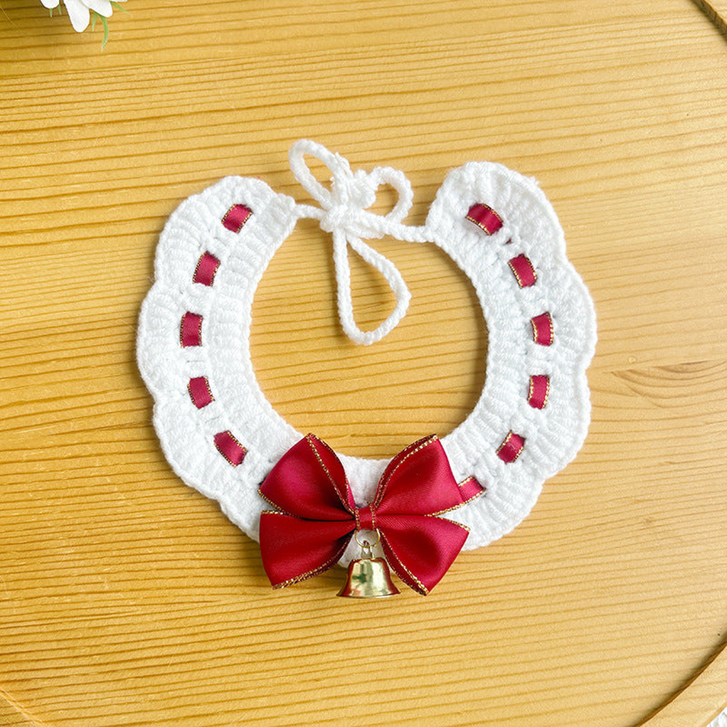 White Red pet neckwear with threaded ribbon, front bow and bell