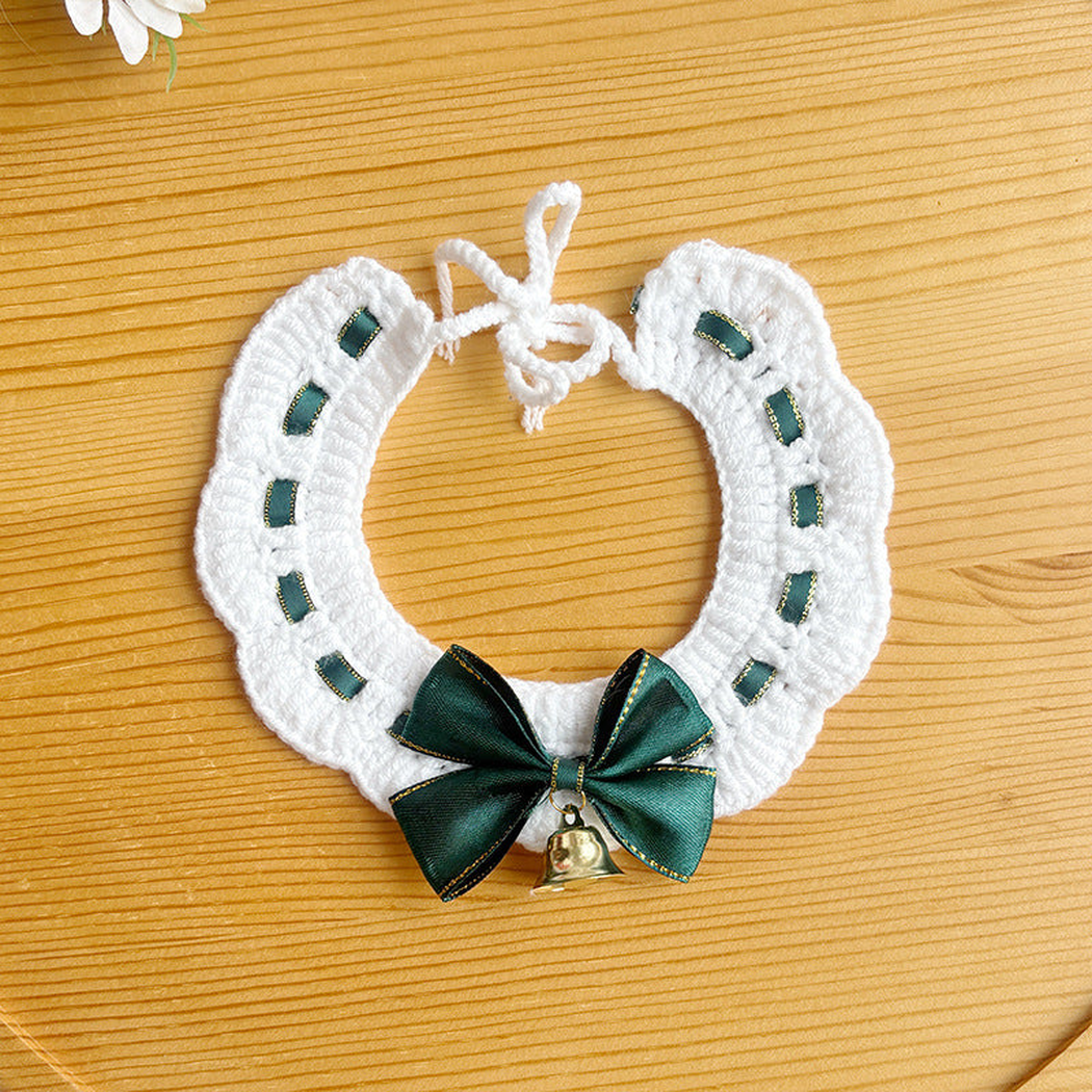 White Green pet neckwear with threaded ribbon, front bow and bell