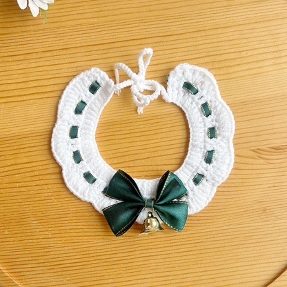 White Green pet neckwear with threaded ribbon, front bow and bell