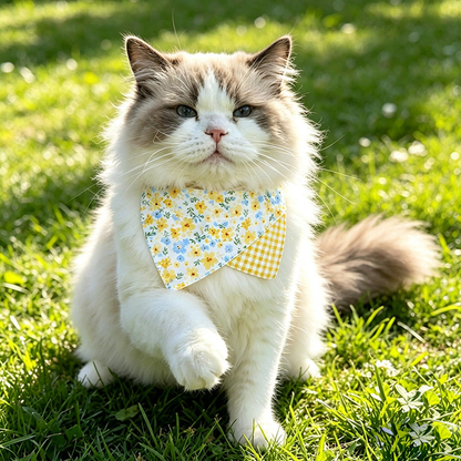 Cat wearing yellow small-floral pet neckwear outdoors