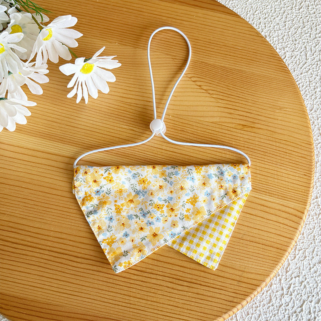 Small Floral pet neckwear with yellow checked accent and adjustable cord loop
