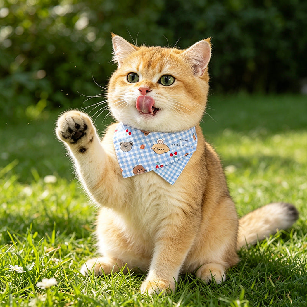 Light blue check pet neckwear worn by a cat outdoors