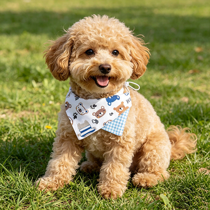 Bear print pet neckwear worn by a dog outdoors