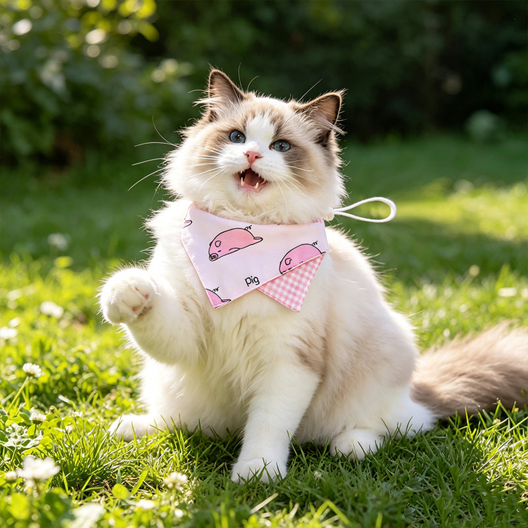 Pig print pet neckwear worn by a cat outdoors