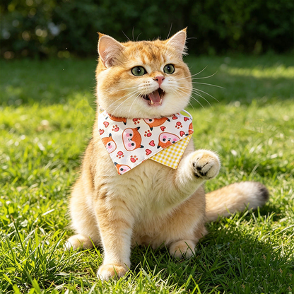 Shiba Inu print pet neckwear worn by an orange cat outdoors