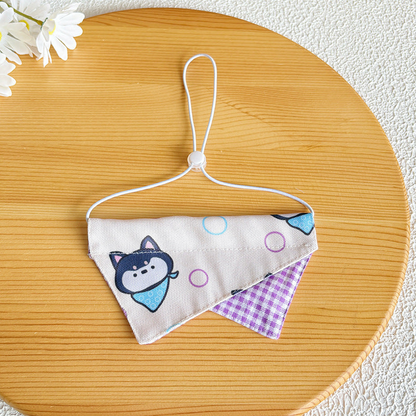Husky style pet neckwear with purple gingham accent and adjustable white cord loop