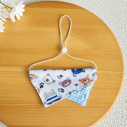 Bear style pet neckwear with blue gingham accent and adjustable white cord loop