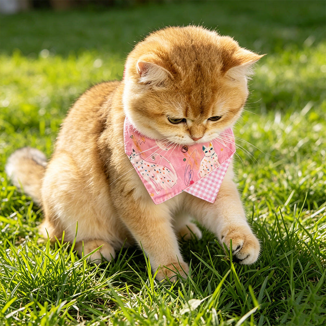 Pink doodle cat pet neckwear worn by an orange cat outdoors