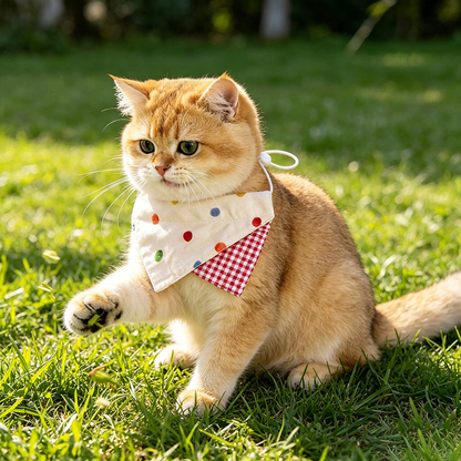 Golden cat wearing polka-dot pet neckwear with a red gingham accent outdoors
