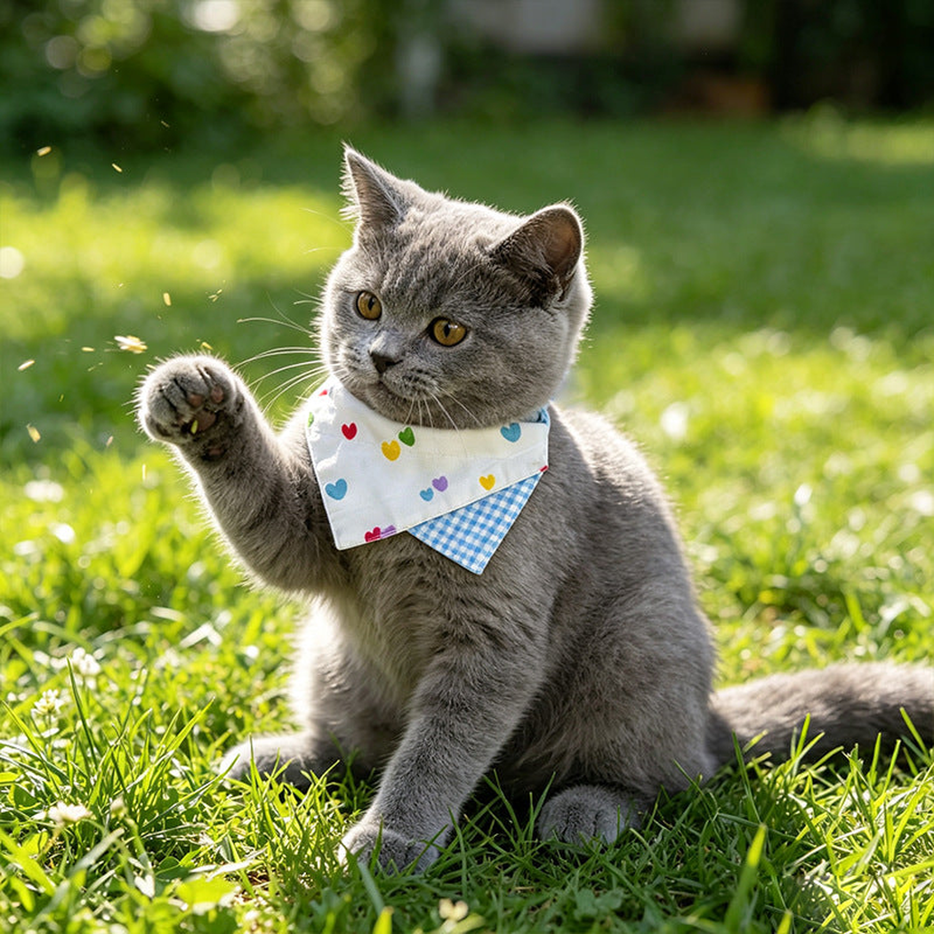 Gray cat wearing heart-print pet neckwear with a blue gingham accent outdoors