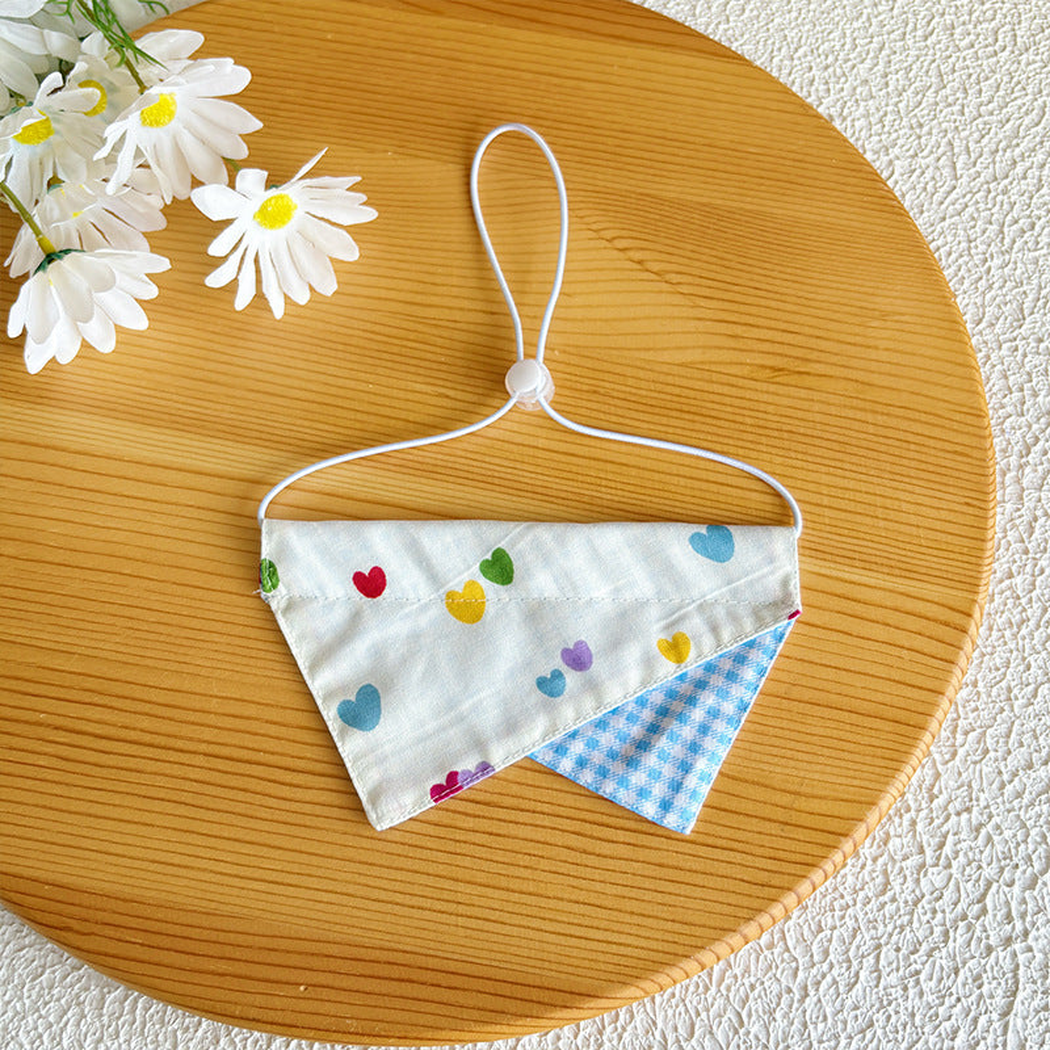 Blue Heart pet neckwear with multicolor hearts and a blue gingham accent